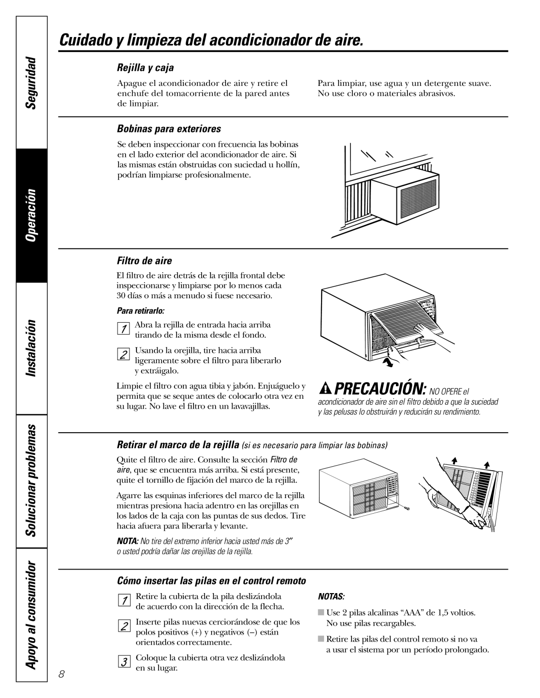 GE AEV24 Cuidado y limpieza del acondicionador de aire, PRECAUCIÓN NO OPERE el, Rejilla y caja, Bobinas para exteriores 