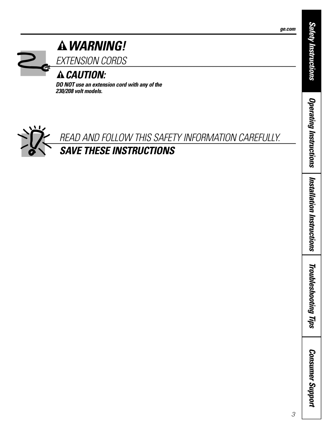 GE AEH24, AEV24 Extension Cords, Save These Instructions, DO NOT use an extension cord with any of the 230/208 volt models 