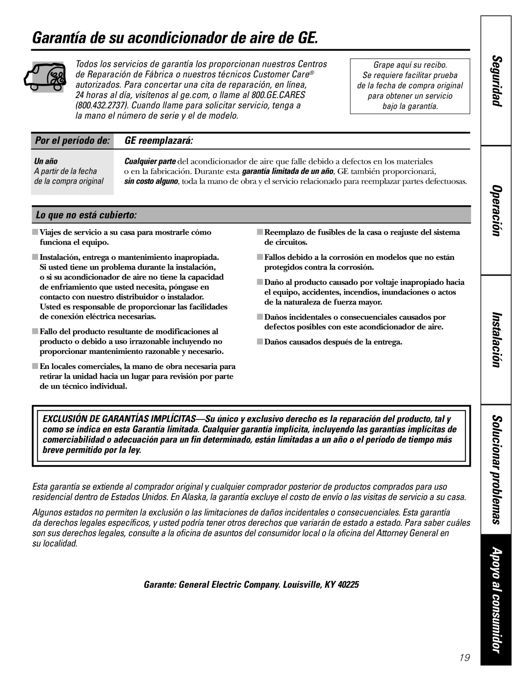 GE AEH24 Garantía de su acondicionador de aire de GE, GE reemplazará, Lo que no está cubierto, su localidad, Seguridad 