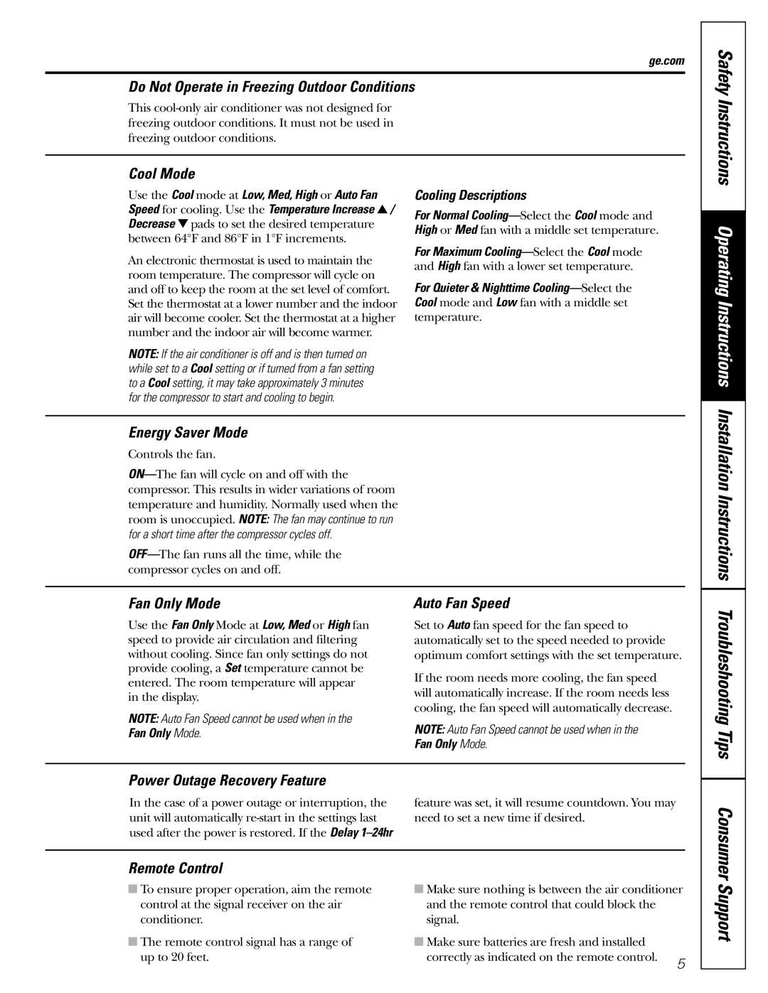 GE AEQ24 Operating Instructions, Safety Instructions, Troubleshooting Tips, Do Not Operate in Freezing Outdoor Conditions 