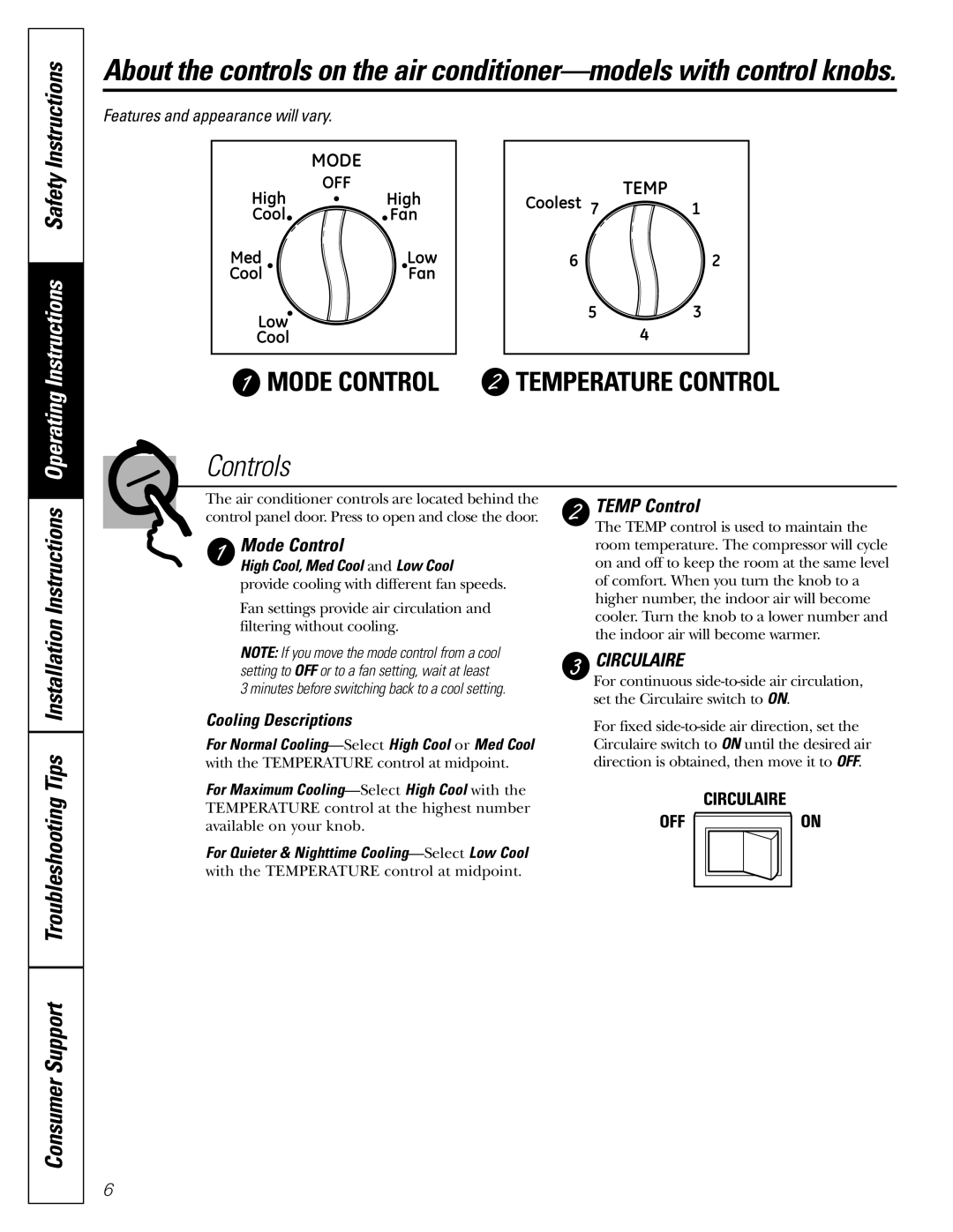 GE AEW24 Temperature Control, About the controls on the air conditioner-models with control knobs, Instructions, Controls 