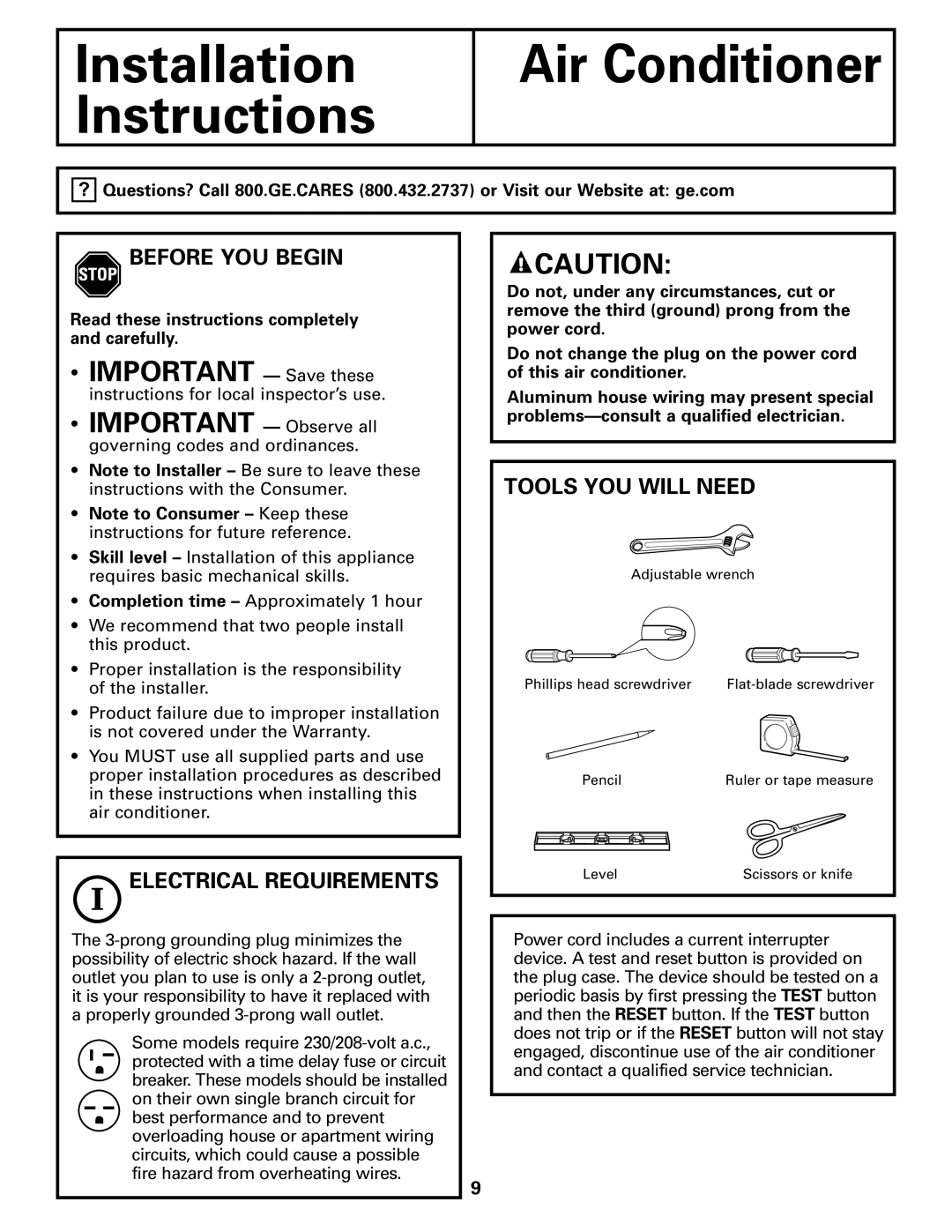 GE AEQ24 Installation Instructions, Air Conditioner, IMPORTANT - Save these, Before You Begin, Electrical Requirements 