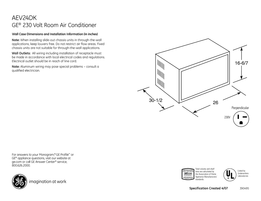 GE AEV24DK dimensions GE 230 Volt Room Air Conditioner, 30-1/2 16-6/7, Perpendicular 