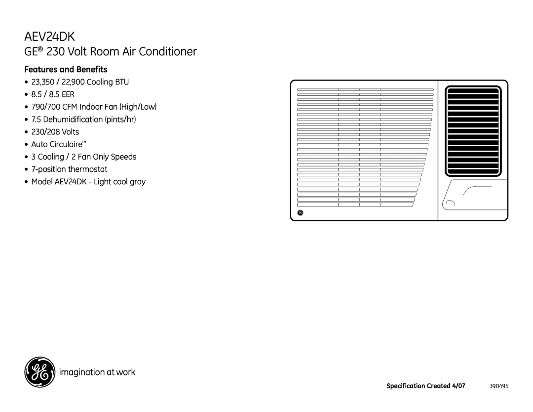 GE AEV24DK GE 230 Volt Room Air Conditioner, Features and Benefits, 23,350 / 22,900 Cooling BTU 8.5 / 8.5 EER, 390495 