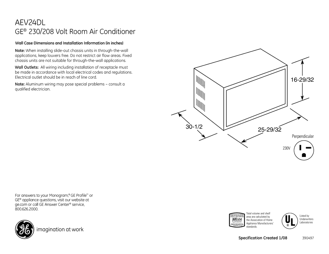 GE AEV24DL dimensions GE 230/208 Volt Room Air Conditioner, 30-1/2 16-29/32 25-29/32, Perpendicular 