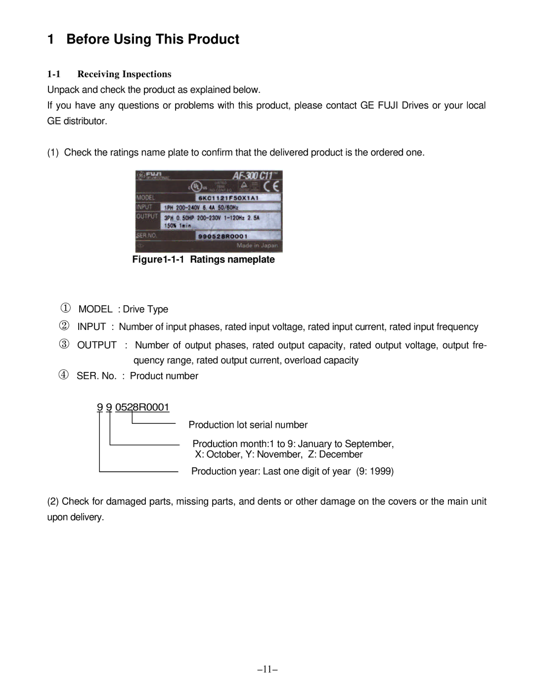 GE C11, AF-300 manual Before Using This Product, Receiving Inspections 