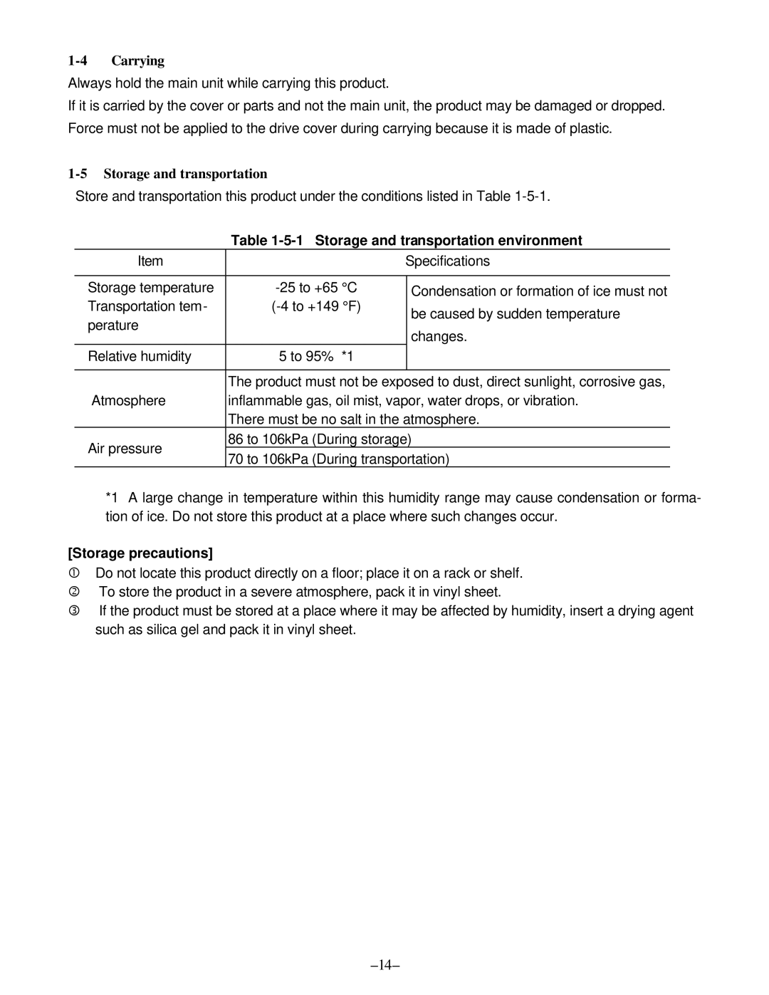 GE AF-300, C11 manual Carrying, Storage and transportation environment, Storage precautions 