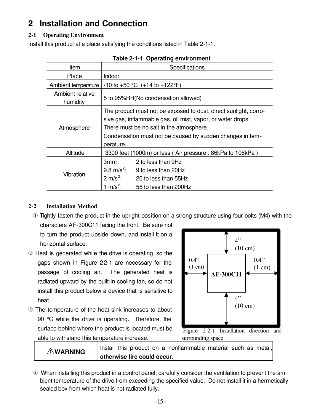 GE manual Installation and Connection, 10 cm, AF-300C11, Operating environment 