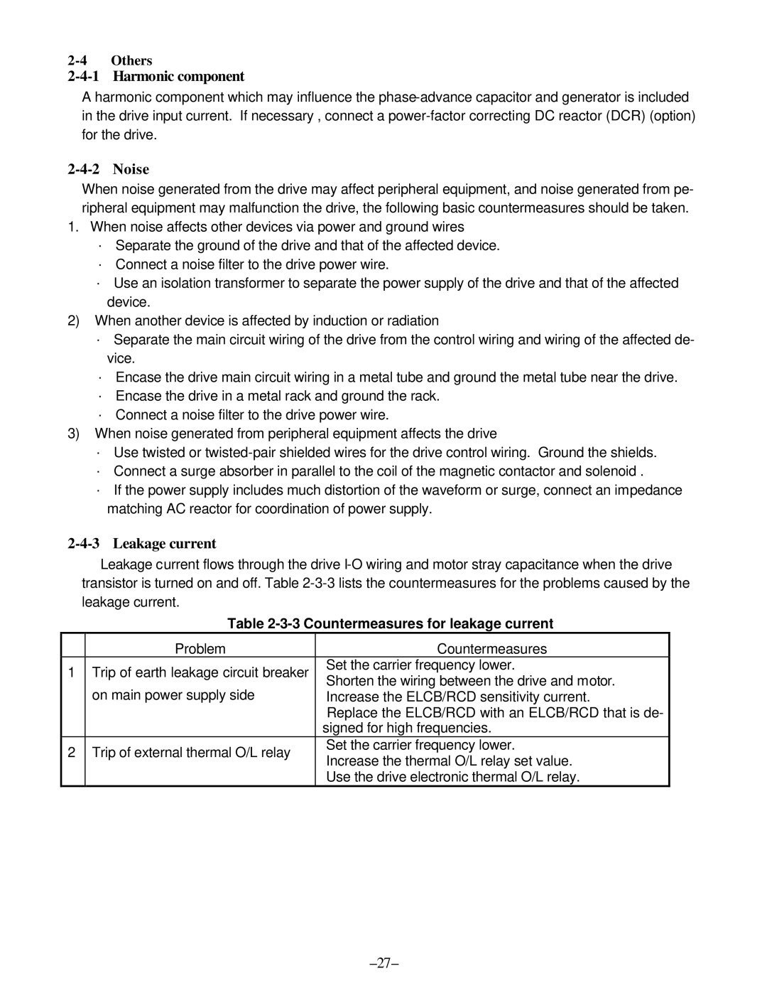 GE C11, AF-300 manual Harmonic component, Noise, Leakage current, Others, Countermeasures for leakage current 