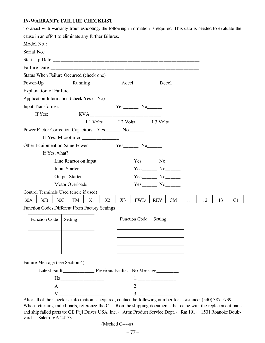 GE C11, AF-300 manual IN-WARRANTY Failure Checklist 