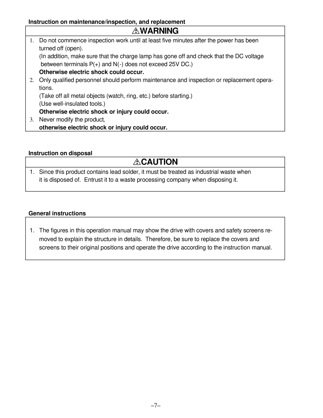 GE C11, AF-300 manual Instruction on maintenance/inspection, and replacement, Otherwise electric shock or injury could occur 