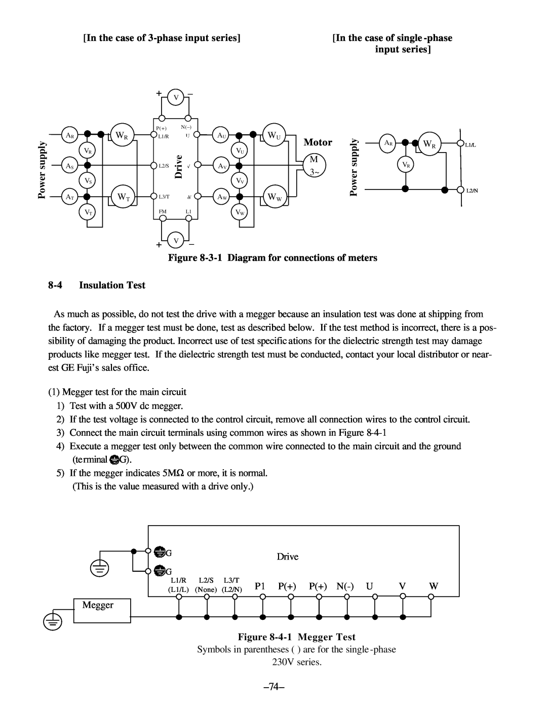 GE AF-300 In the case of 3-phase input series, Motor, supply, 3-1 Diagram for connections of meters 8-4 Insulation Test 