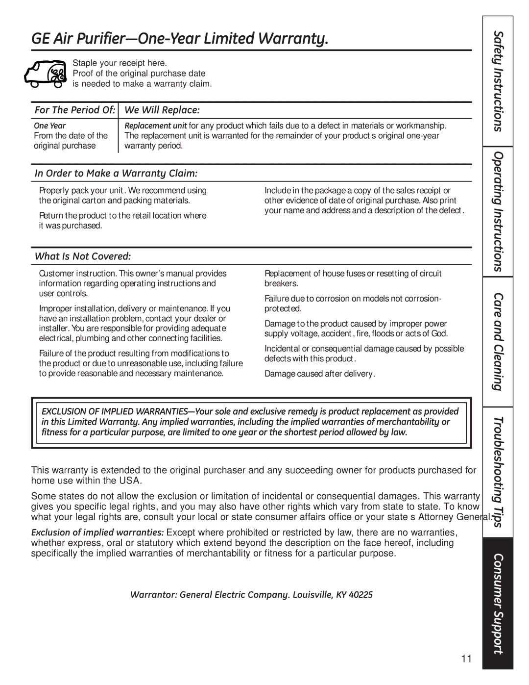 GE AFHC09AM owner manual GE Air Purifier-One-Year Limited Warranty, Troubleshooting Tips Consumer Support, We Will Replace 