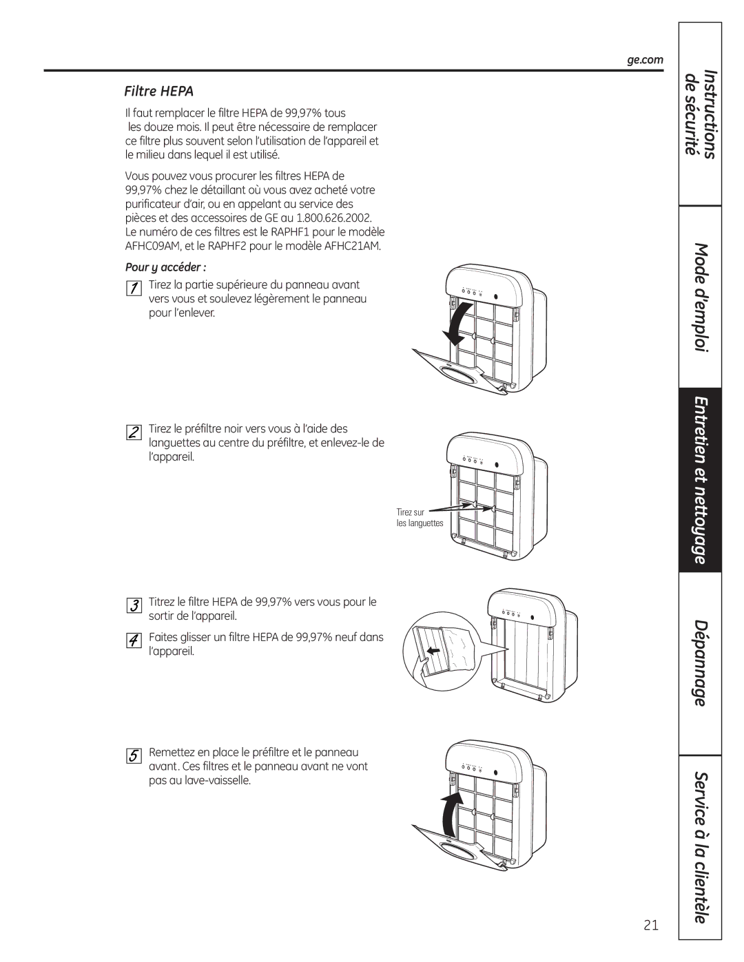 GE AFHC09AM owner manual Mode d’emploi Entretien et nettoyage, Filtre Hepa 