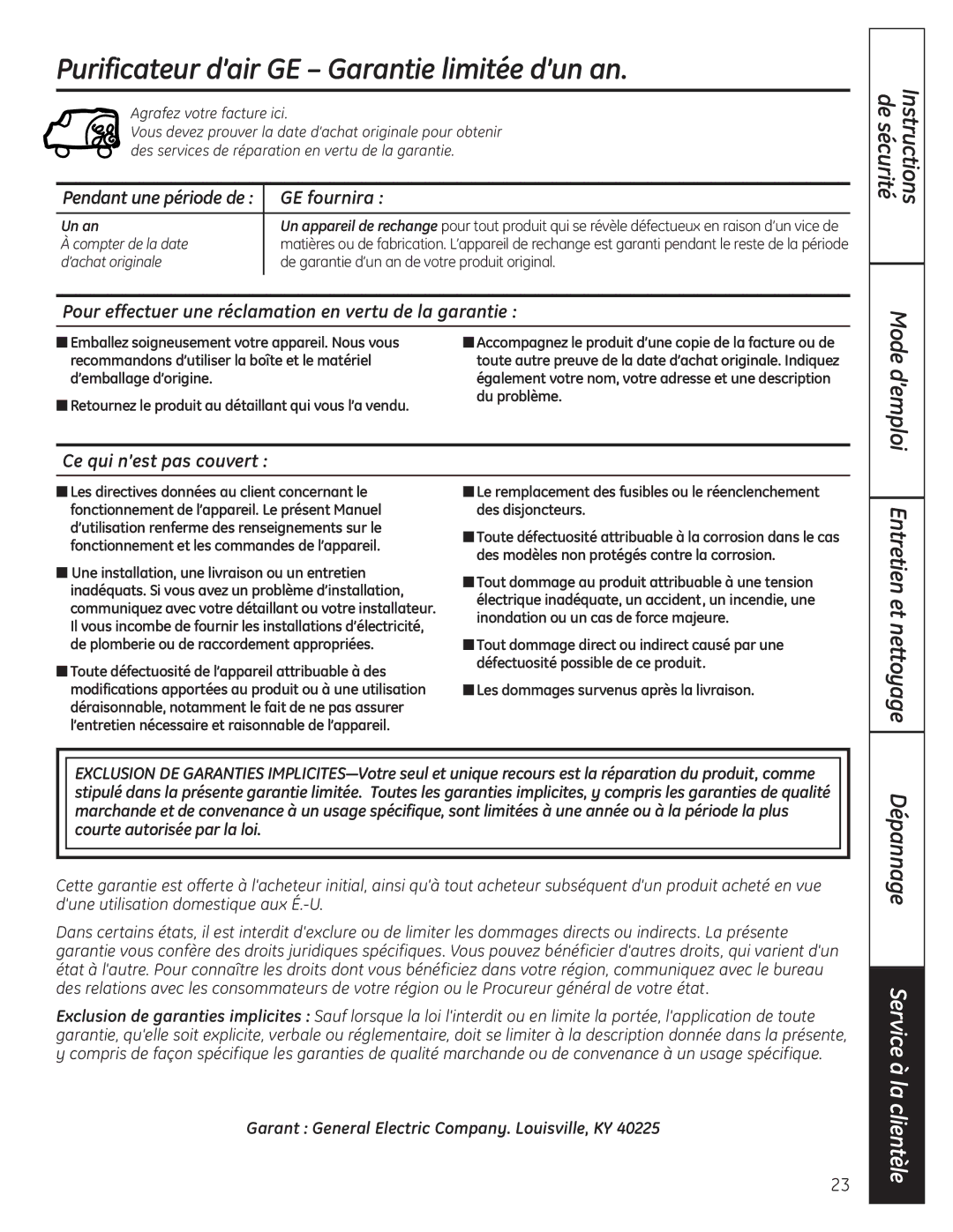 GE AFHC09AM Purificateur d’air GE Garantie limitée d’un an, De sécurité Instructions Mode d’emploi, Entretien et nettoyage 