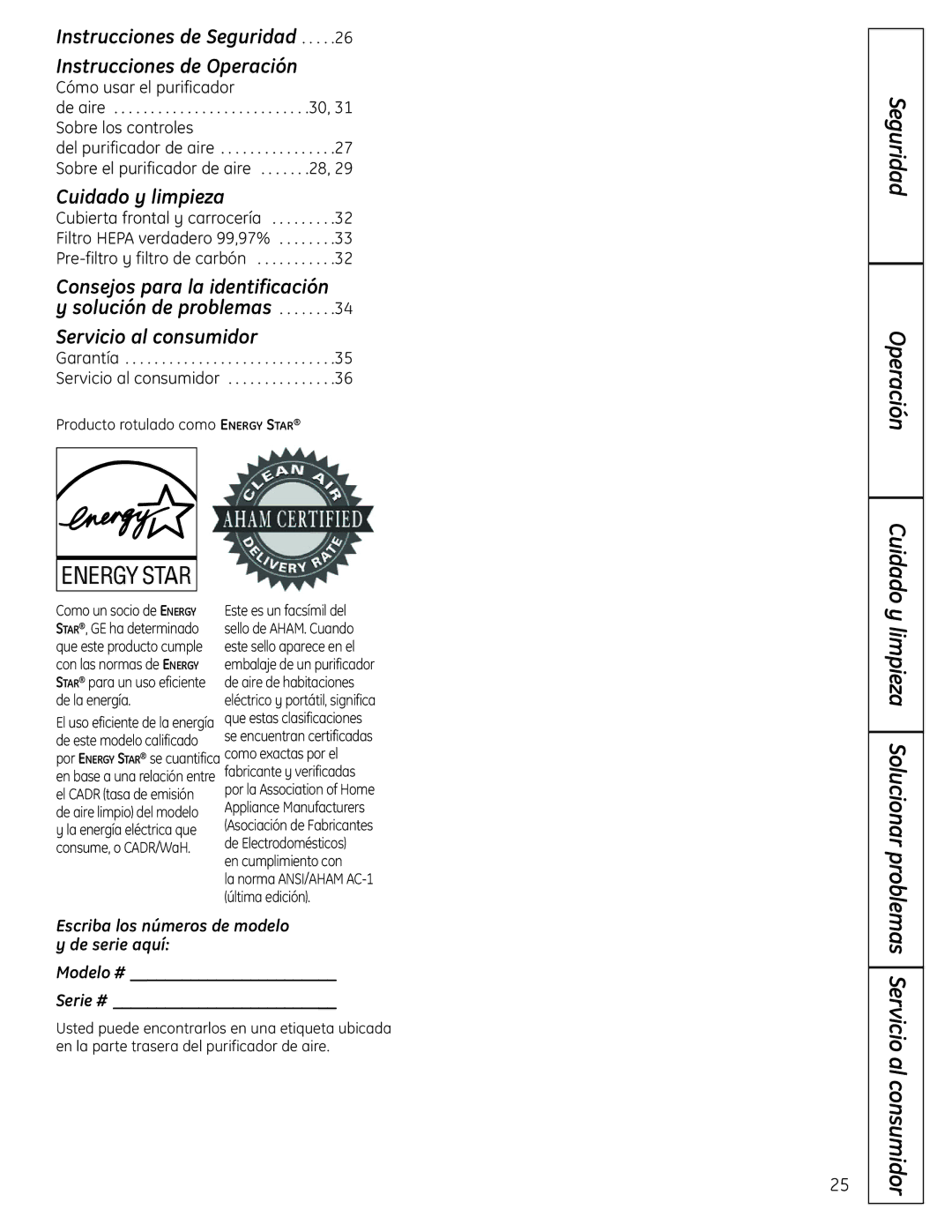 GE AFHC09AM Seguridad Operación, Producto rotulado como Energy Star, De la energía, En cumplimiento con, Última edición 