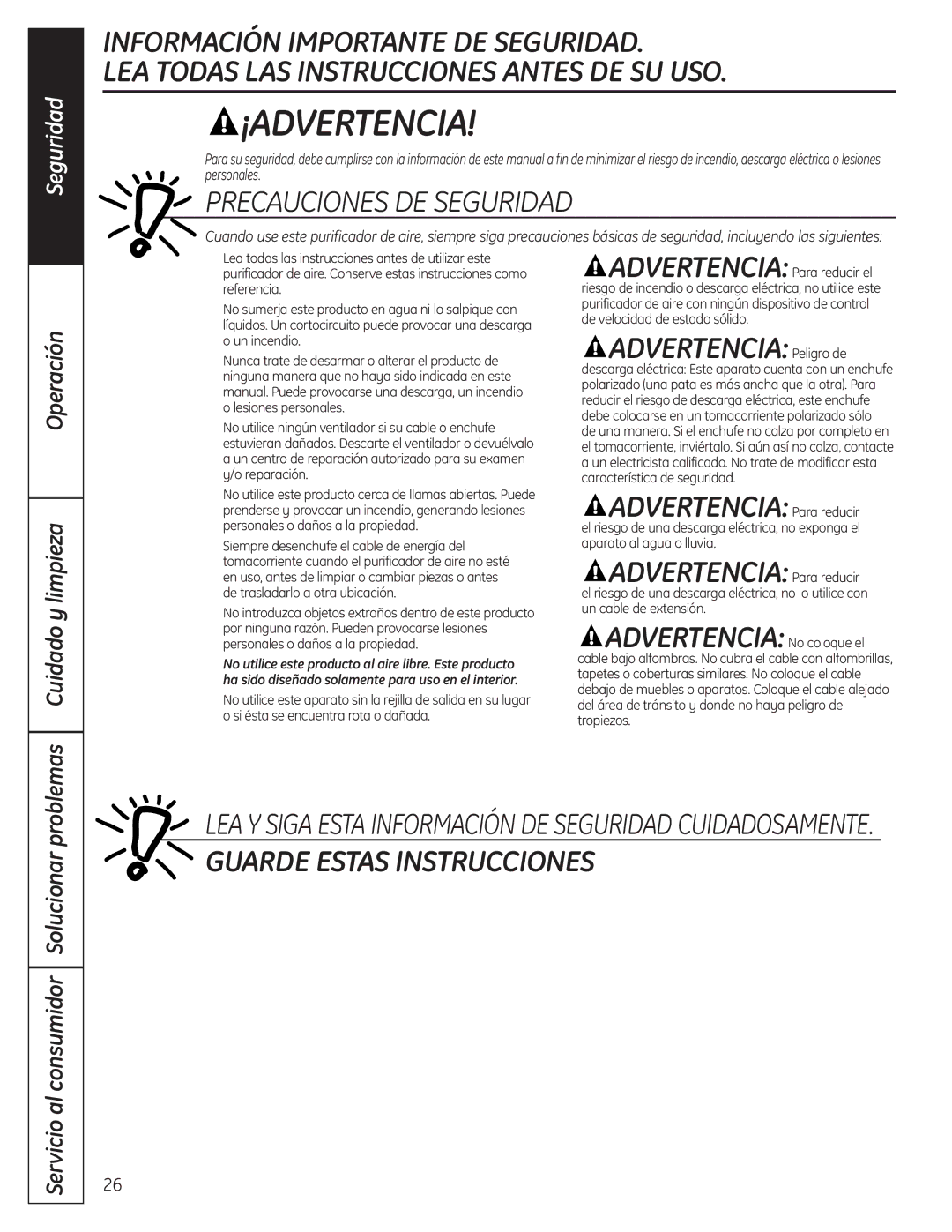 GE AFHC09AM owner manual ADVERTENCIAPeligro de, ADVERTENCIAPara reducir, Operación Problemas Cuidado y limpieza 