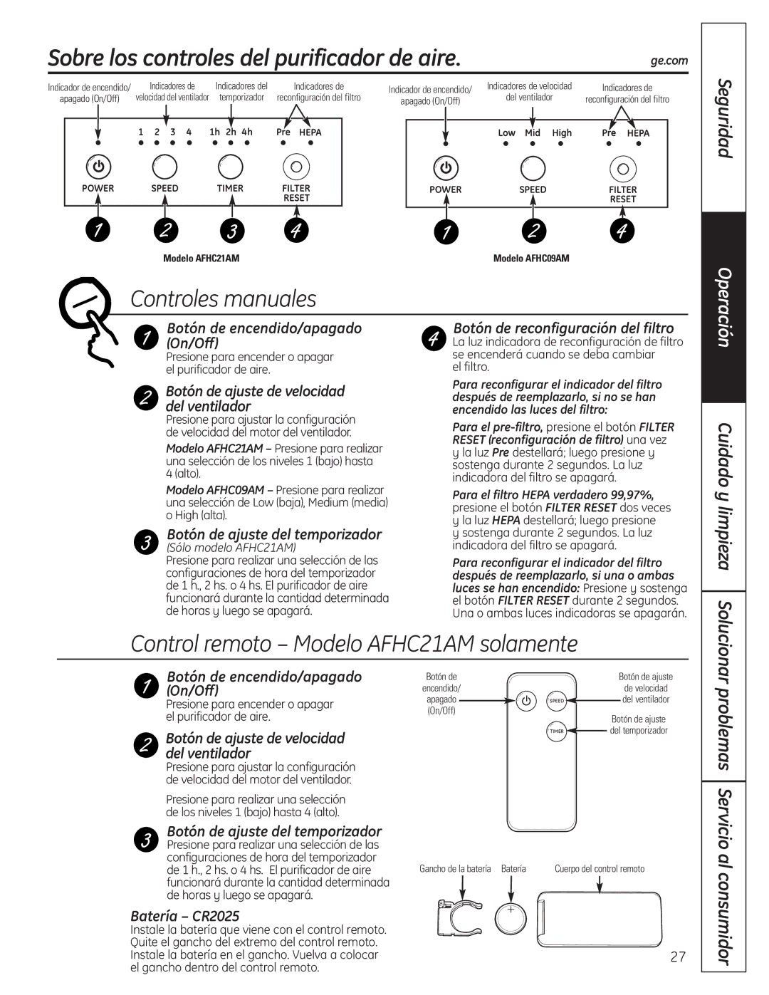 GE AFHC09AM Controles manuales, Control remoto Modelo AFHC21AM solamente, Seguridad, Cuidado y limpieza, Al consumidor 