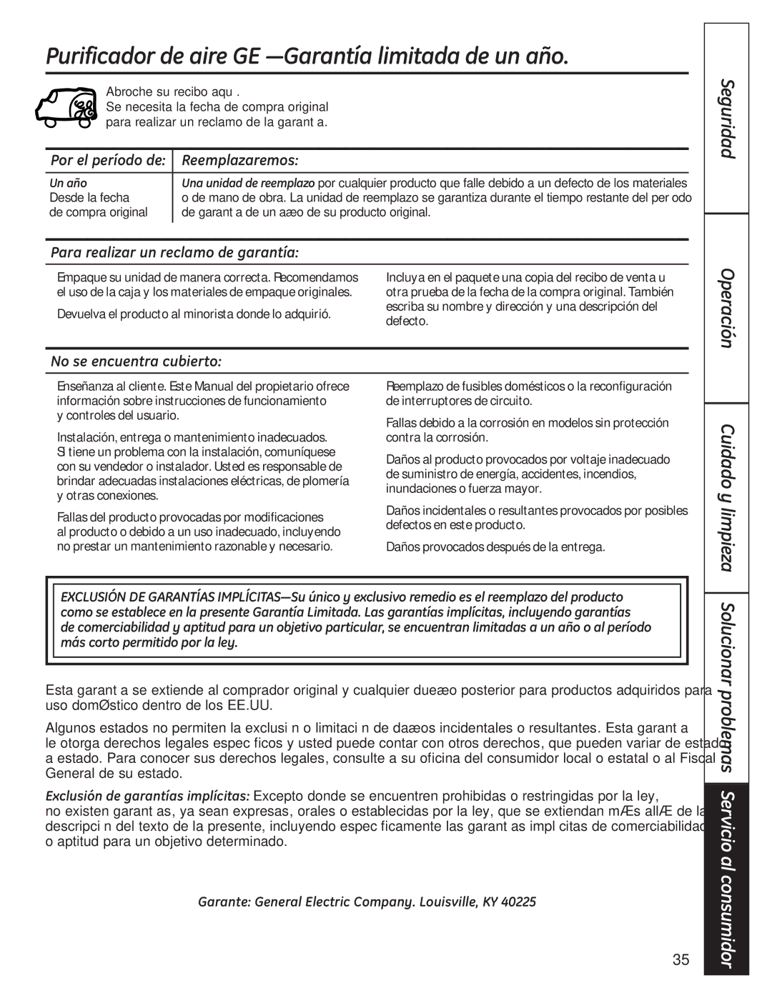 GE AFHC09AM Purificador de aire GE -Garantía limitada de un año, Reemplazaremos, Para realizar un reclamo de garantía 