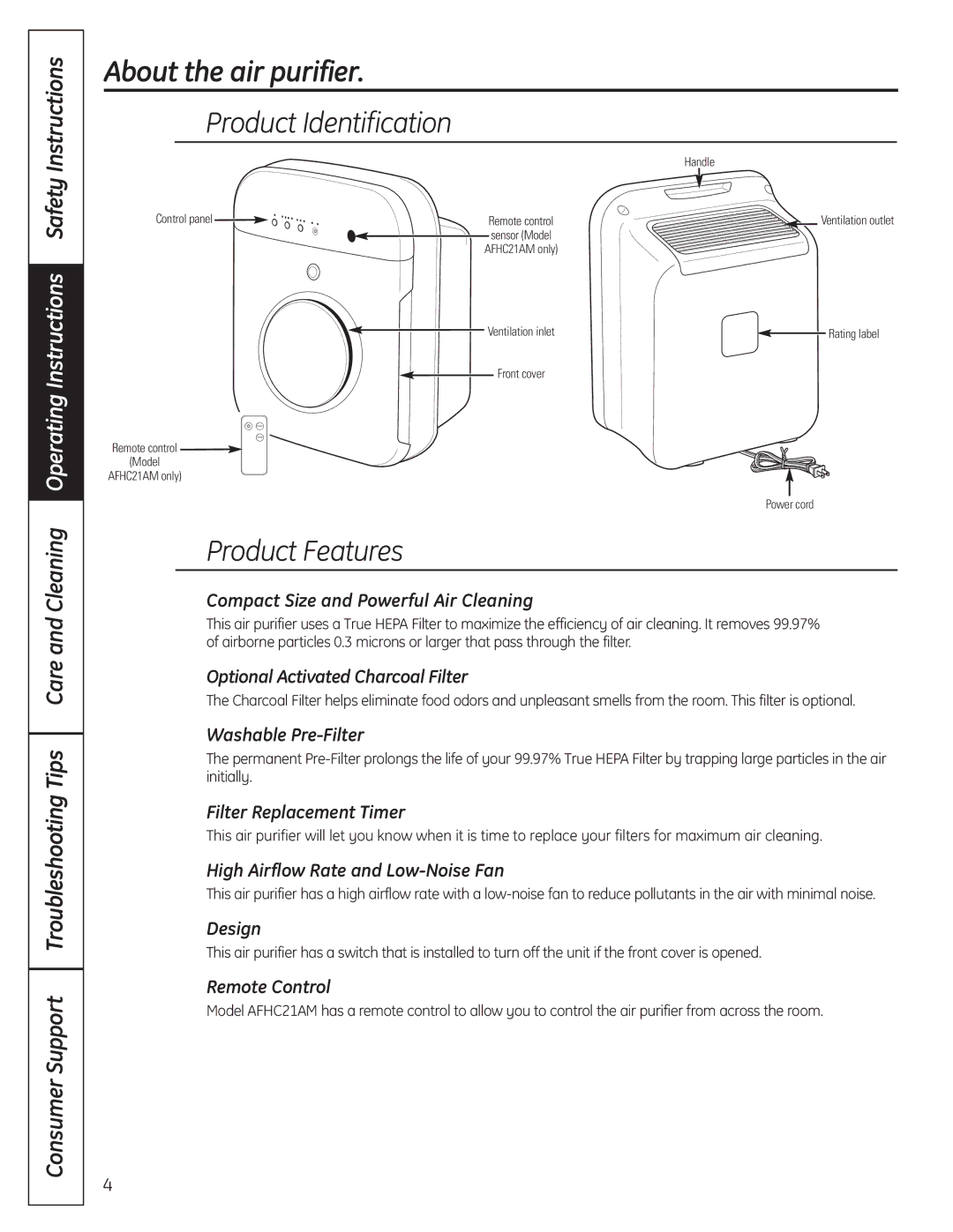 GE AFHC09AM owner manual About the air purifier, Product Identification, Product Features 