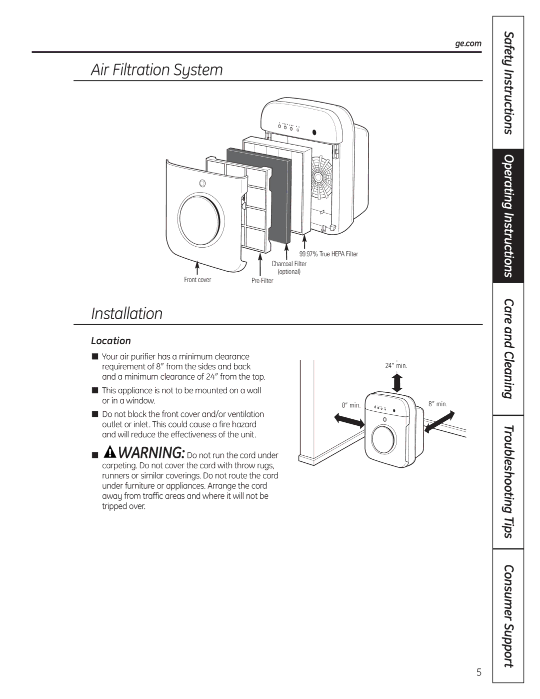 GE AFHC09AM Air Filtration System, Installation, Safety Instructions Operating Instructions Care, Location, Ge.com 