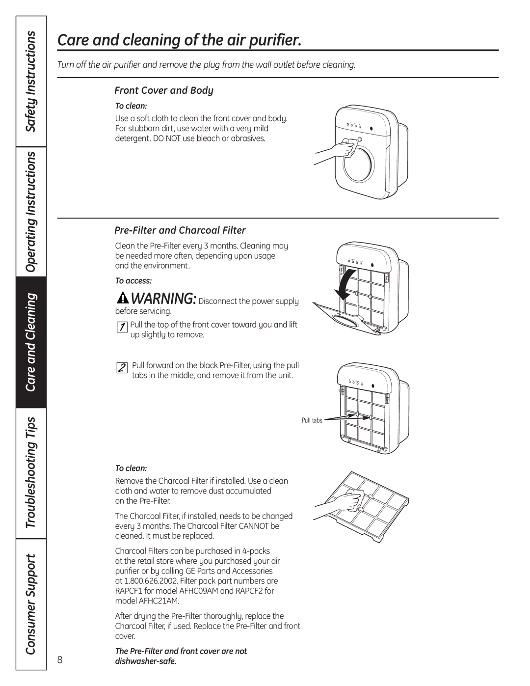 GE AFHC09AM owner manual Care and cleaning of the air purifier, Front Cover and Body, Pre-Filter and Charcoal Filter 