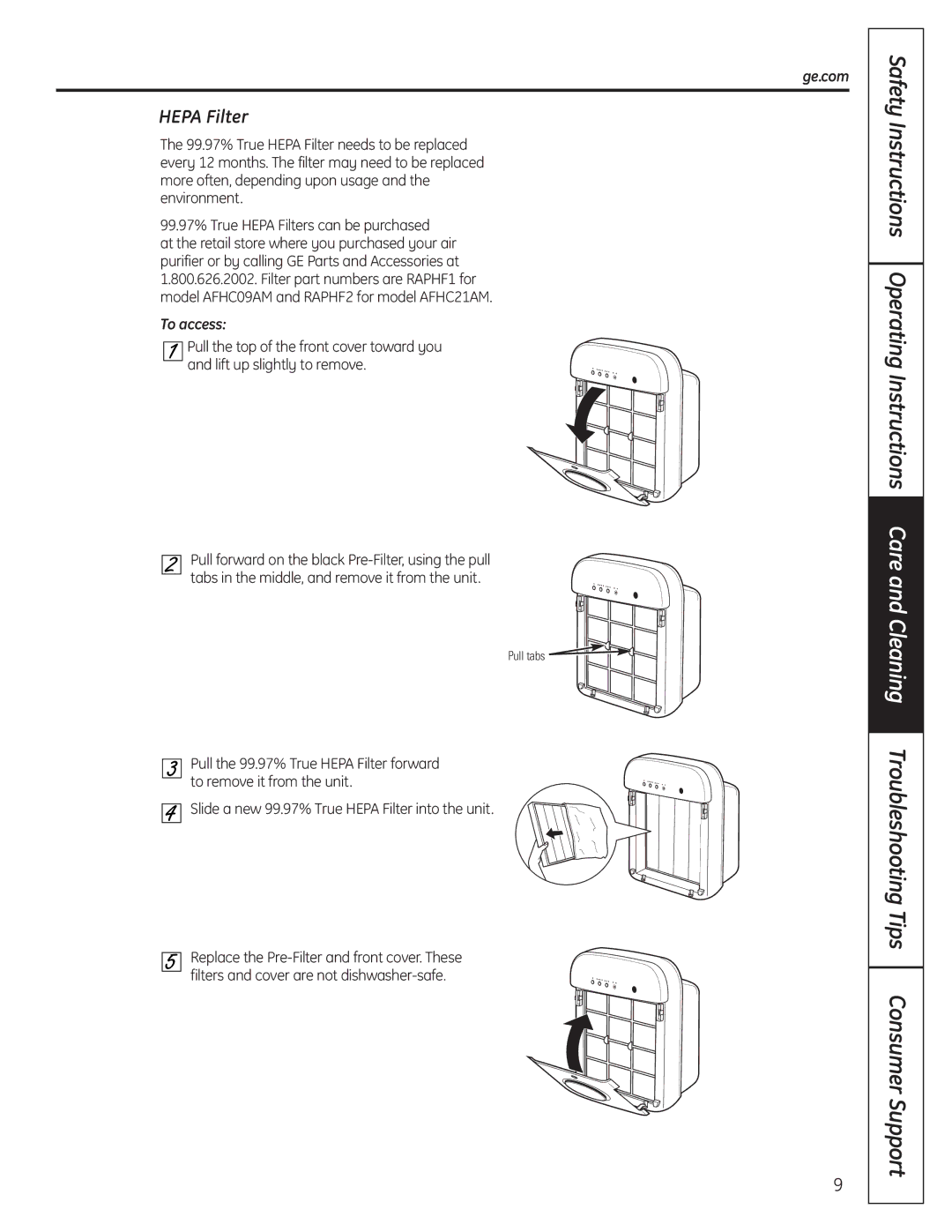 GE AFHC09AM owner manual Hepa Filter 