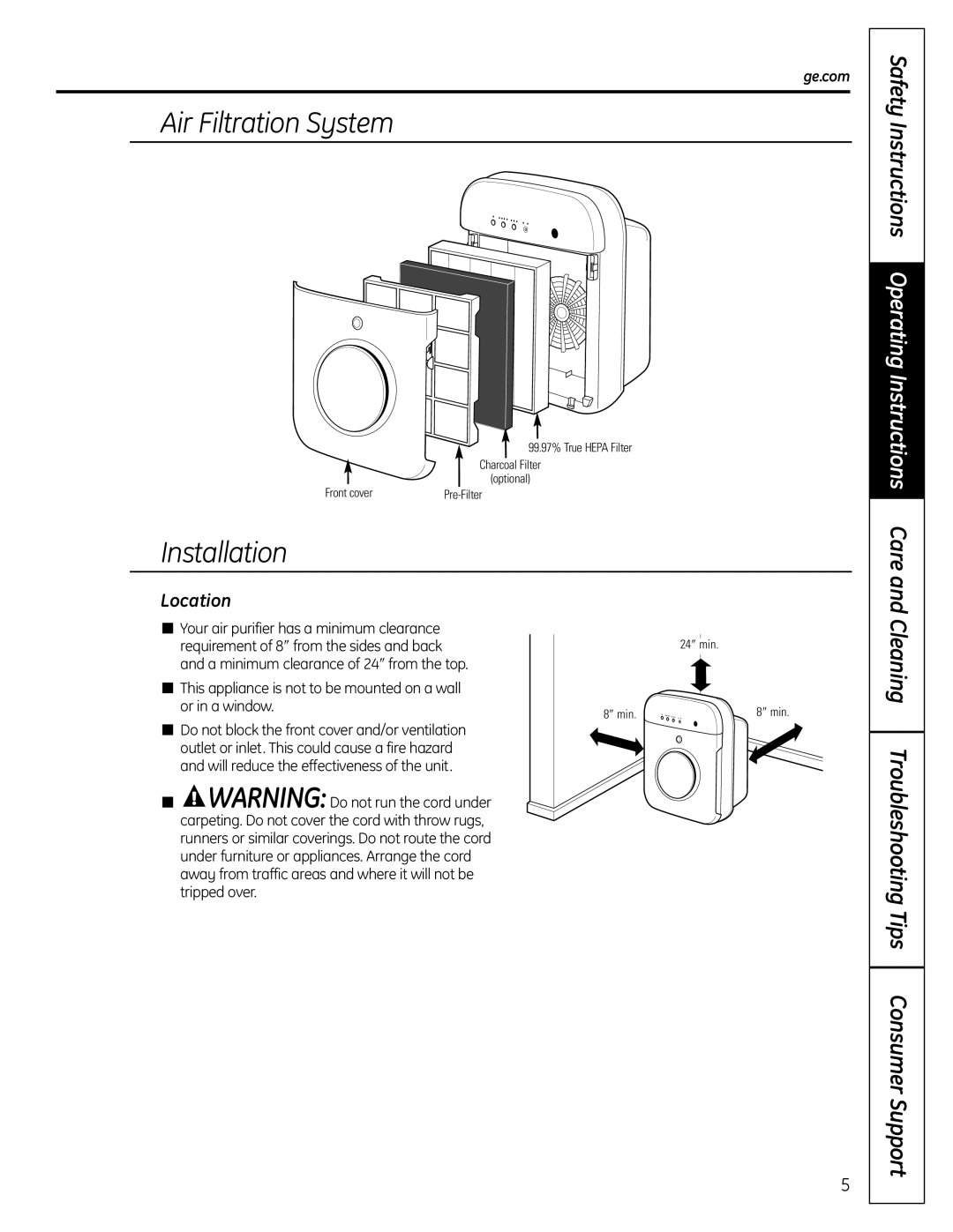 GE AFHC09AM owner manual Air Filtration System, Installation, Safety Instructions Operating Instructions Care, Location 