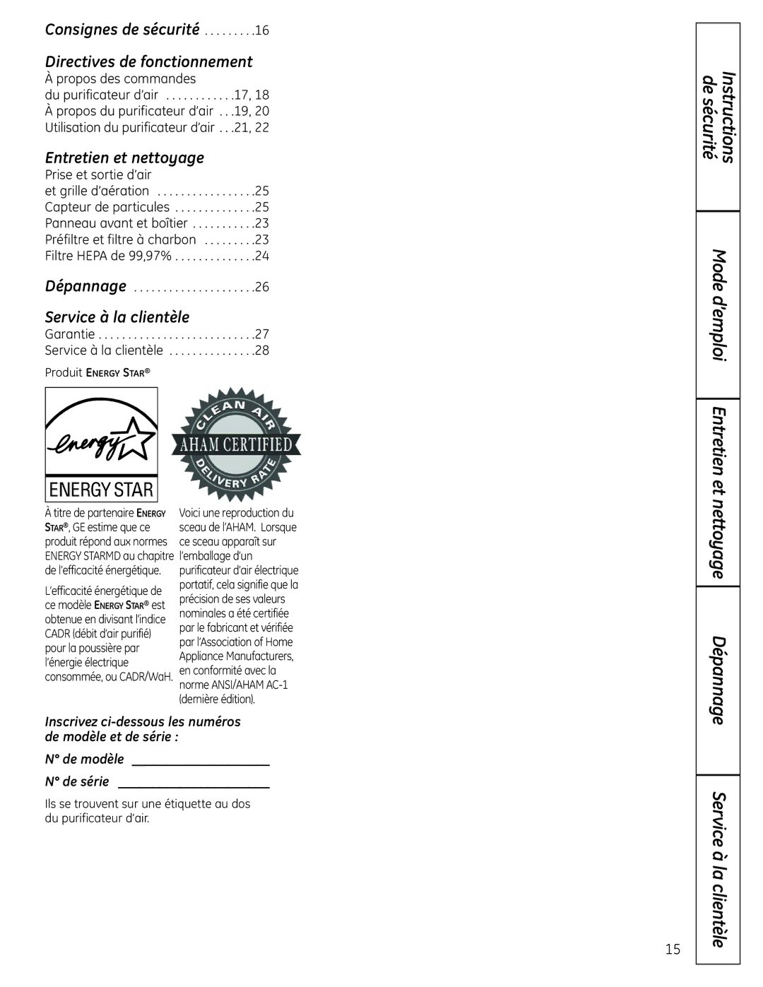 GE AFHC21AM, AFHC32AM owner manual De sécurité Instructions Mode d’emploi Entretien et, Nettoyage, Service à la clientèle 