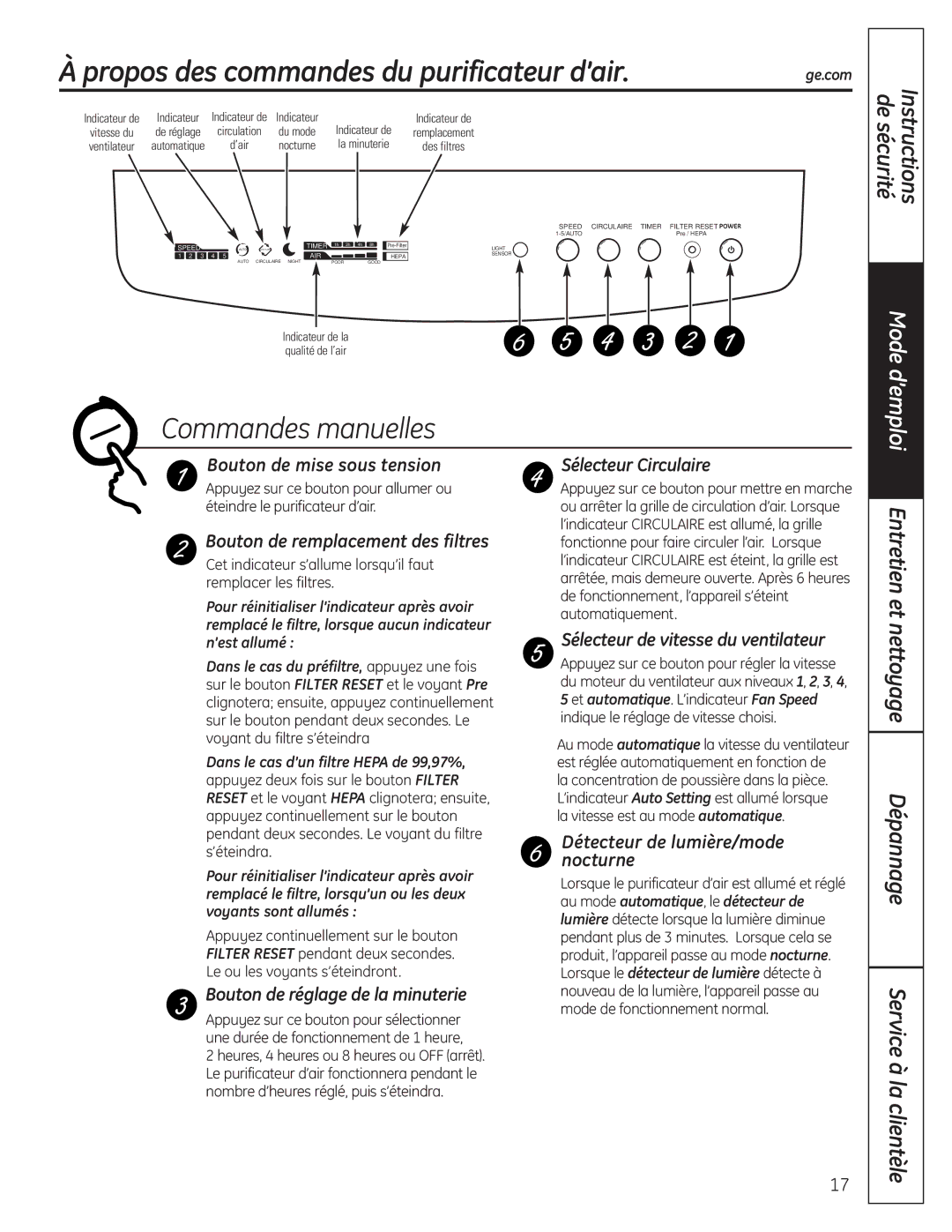 GE AFHC21AM, AFHC32AM owner manual Propos des commandes du purificateur d’air, Commandes manuelles, De sécurité Instructions 