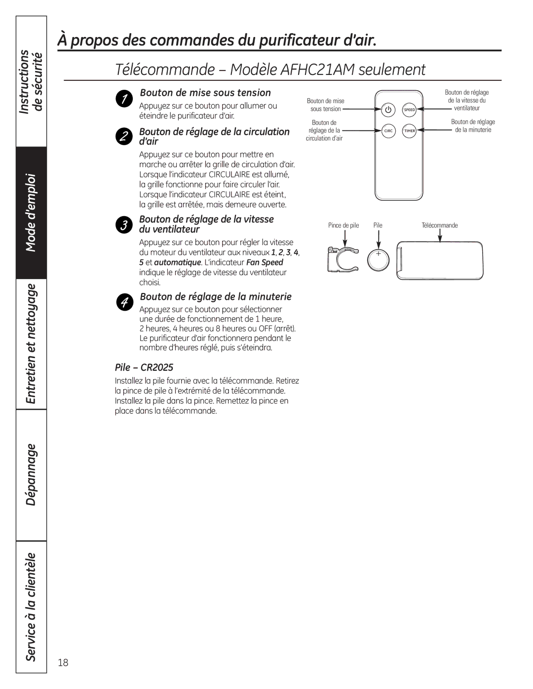 GE AFHC32AM owner manual Télécommande Modèle AFHC21AM seulement, Instructions De sécurité, Dépannage Service à la clientèle 