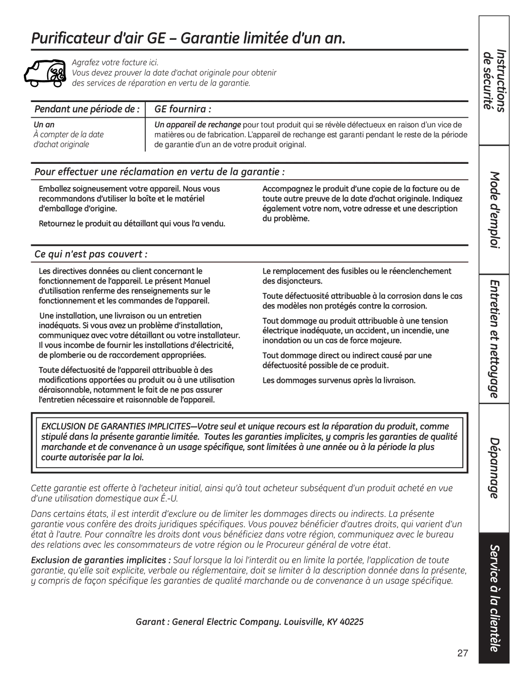 GE AFHC21AM Purificateur d’air GE Garantie limitée d’un an, De sécurité Instructions Mode d’emploi, Entretien et nettoyage 