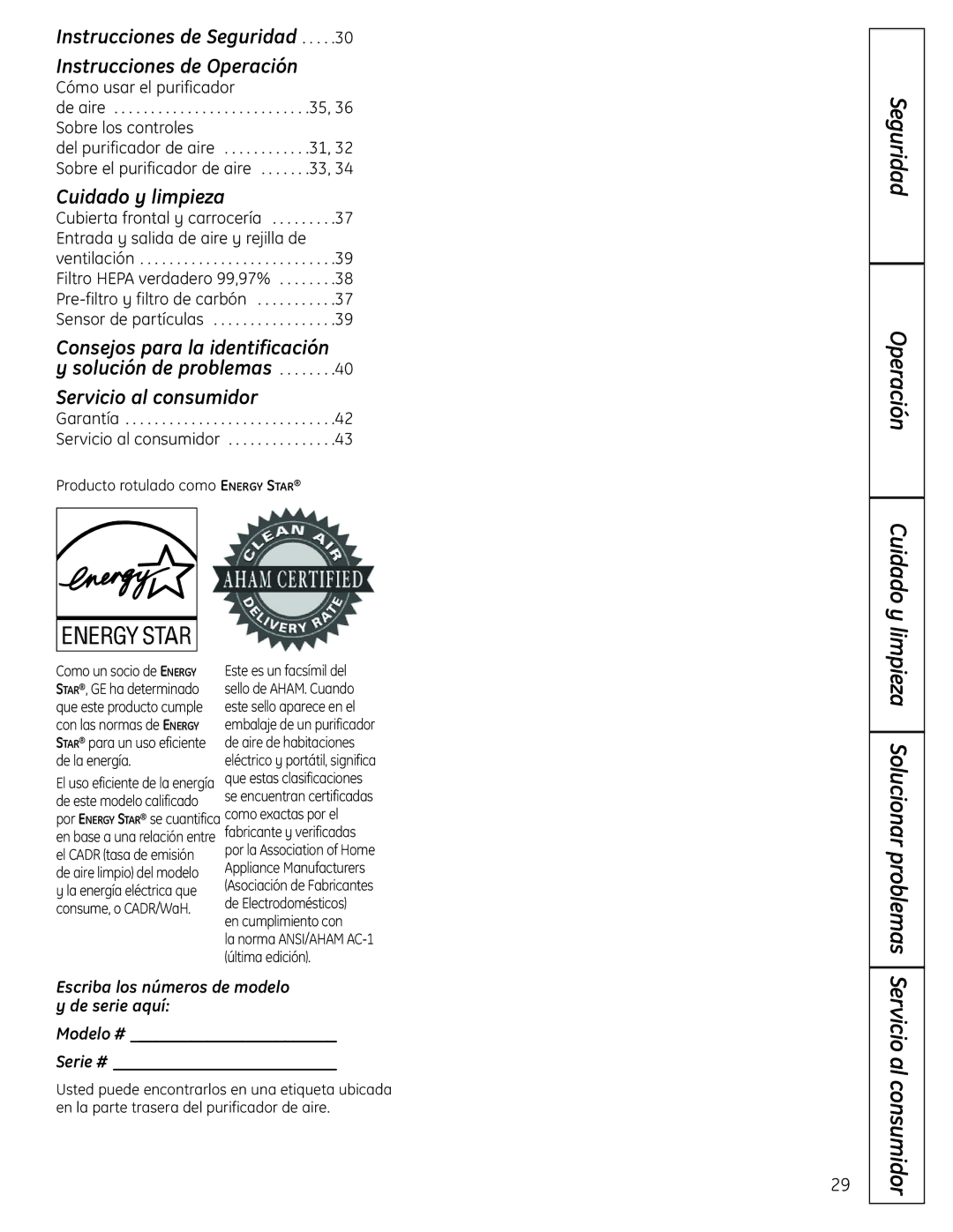 GE AFHC21AM Seguridad Operación, Producto rotulado como Energy Star, De la energía, En cumplimiento con, Última edición 