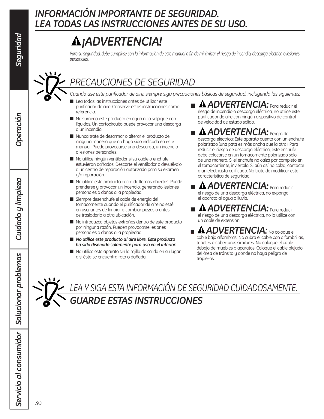 GE AFHC32AM, AFHC21AM owner manual ADVERTENCIAPeligro de, ADVERTENCIAPara reducir, Operación Problemas Cuidado y limpieza 