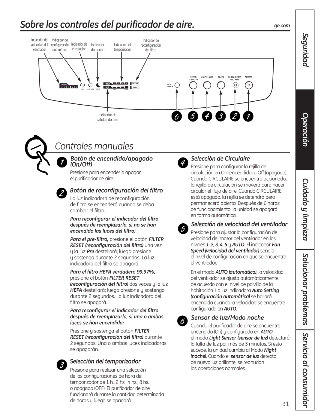 GE AFHC21AM, AFHC32AM owner manual Sobre los controles del purificador de aire, Controles manuales, Seguridad 