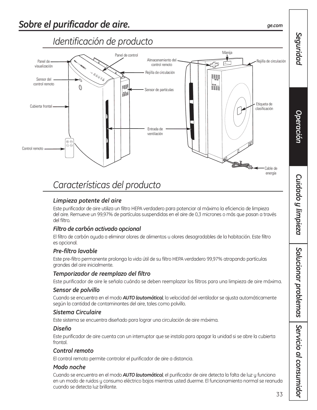 GE AFHC21AM, AFHC32AM owner manual Sobre el purificador de aire, Identificación de producto, Características del producto 