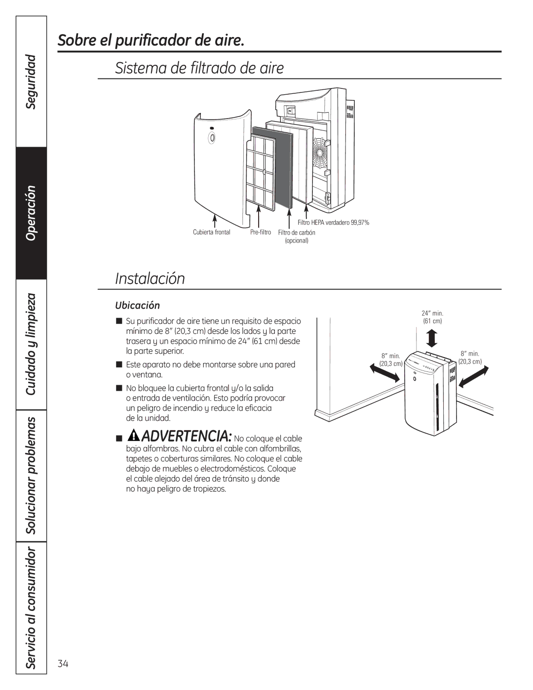 GE AFHC32AM, AFHC21AM owner manual Sistema de filtrado de aire, Instalación, Ubicación, No haya peligro de tropiezos 