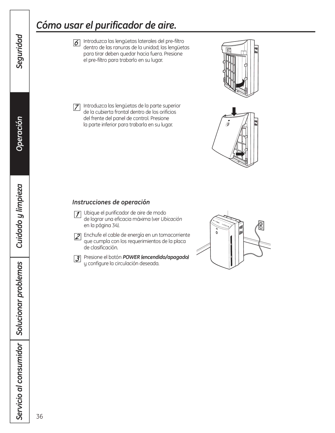 GE AFHC32AM, AFHC21AM owner manual Instrucciones de operación, La parte inferior para trabarla en su lugar 