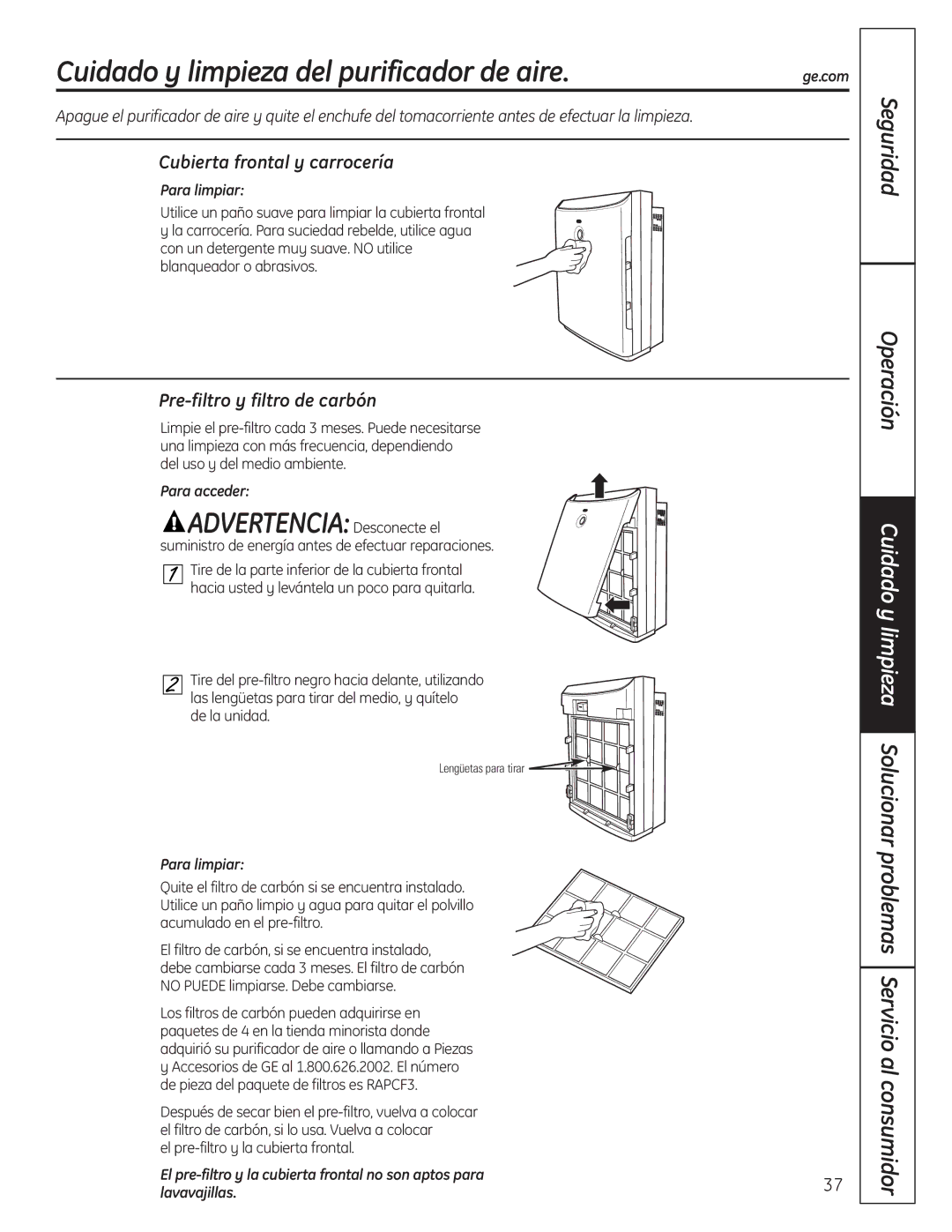 GE AFHC21AM Cuidado y limpieza del purificador de aire, Cubierta frontal y carrocería, Pre-filtro y filtro de carbón 