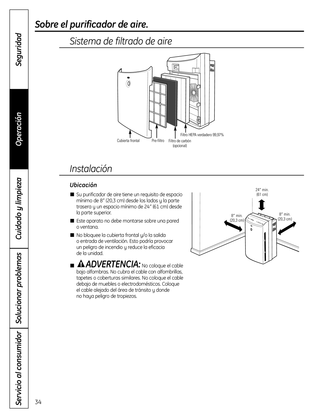 GE AFHC32AM Sistema de filtrado de aire, Instalación, Ubicación, Sobre el purificador de aire, Seguridad, Operación 
