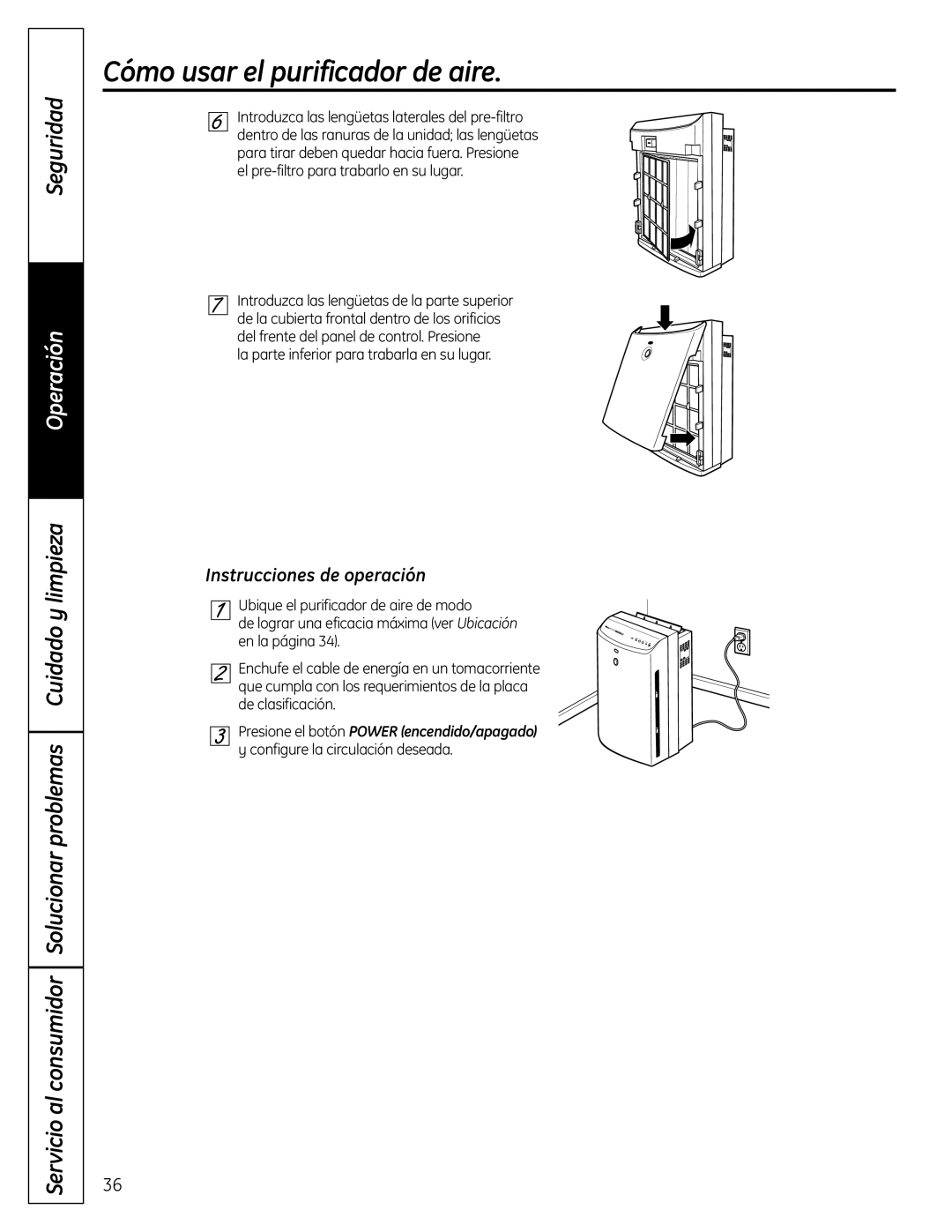GE AFHC32AM, AFHC21AM owner manual Instrucciones de operación, Cómo usar el purificador de aire, Seguridad, Operación 