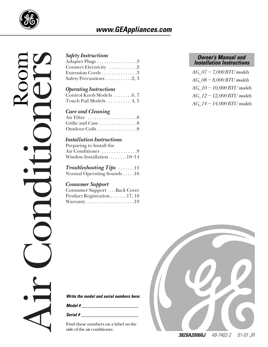 GE AG_07 operating instructions Air Conditioners, Write the model and serial numbers here Model # Serial # 