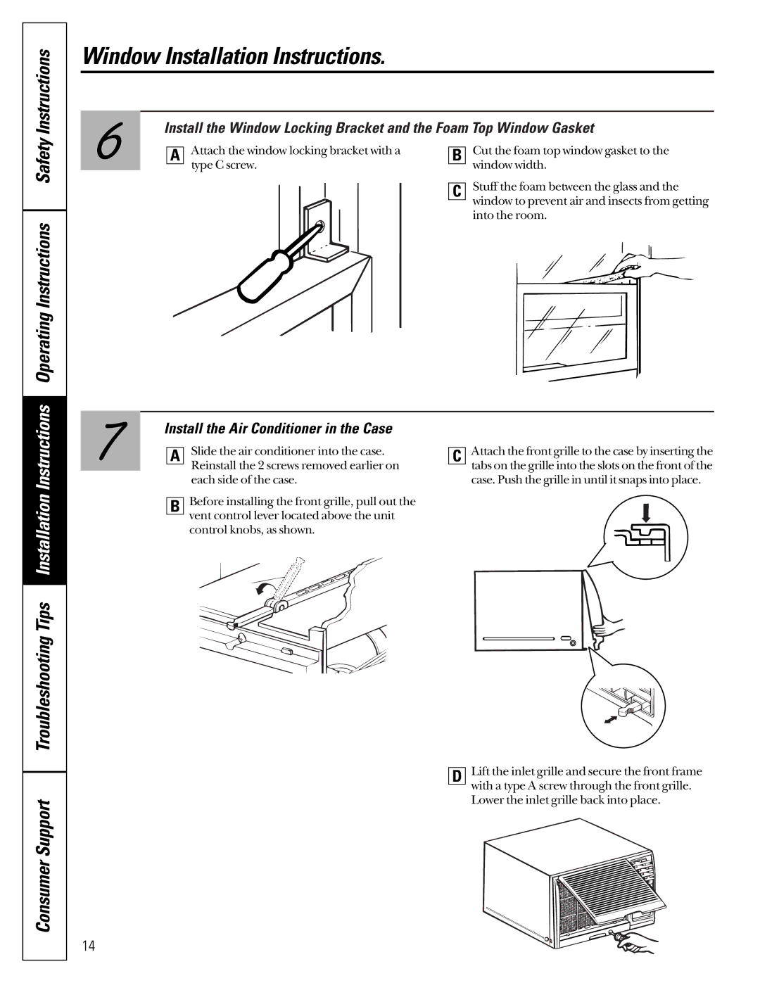 GE AG_07 operating instructions Operating Instructions Safety Instructions, Install the Air Conditioner in the Case 