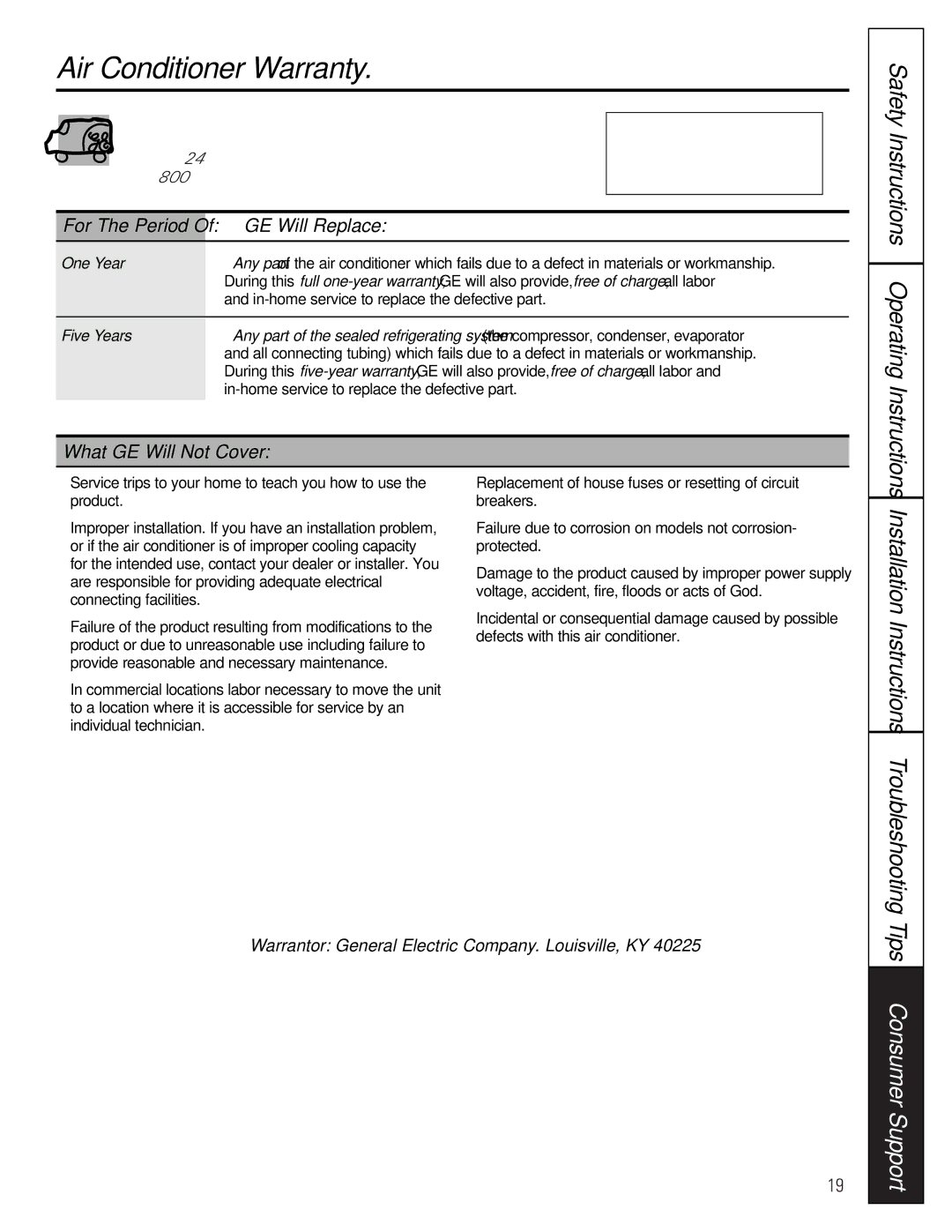 GE AG_07 Air Conditioner Warranty, Installation Instructions, Safety Instructions Operating Instructions, GE Will Replace 