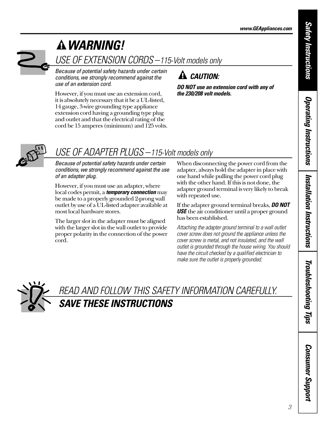 GE AG_07 operating instructions USE of Extension Cords -115-Volt models only, Tips Consumer Support 