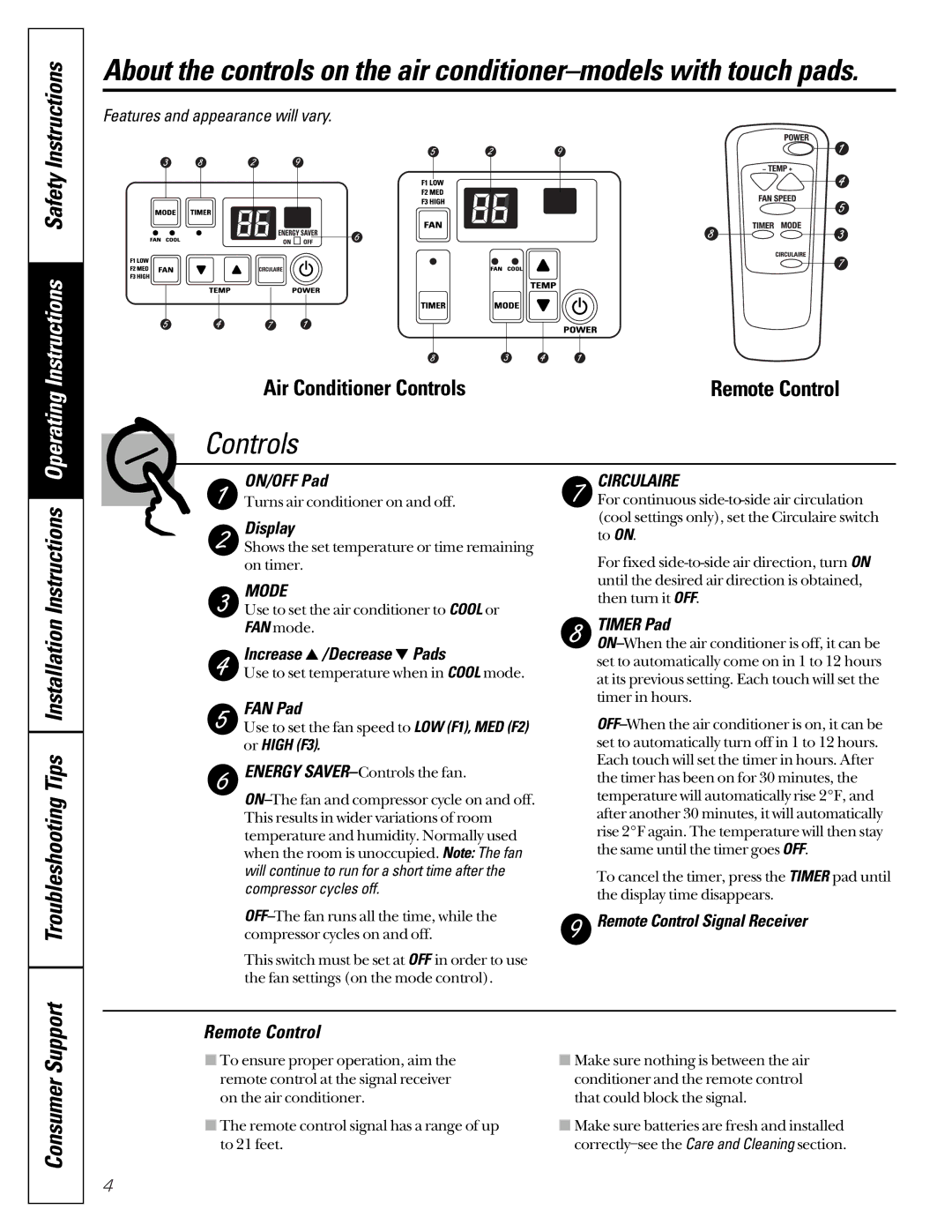 GE AG_07 operating instructions Consumer Support, Remote Control 