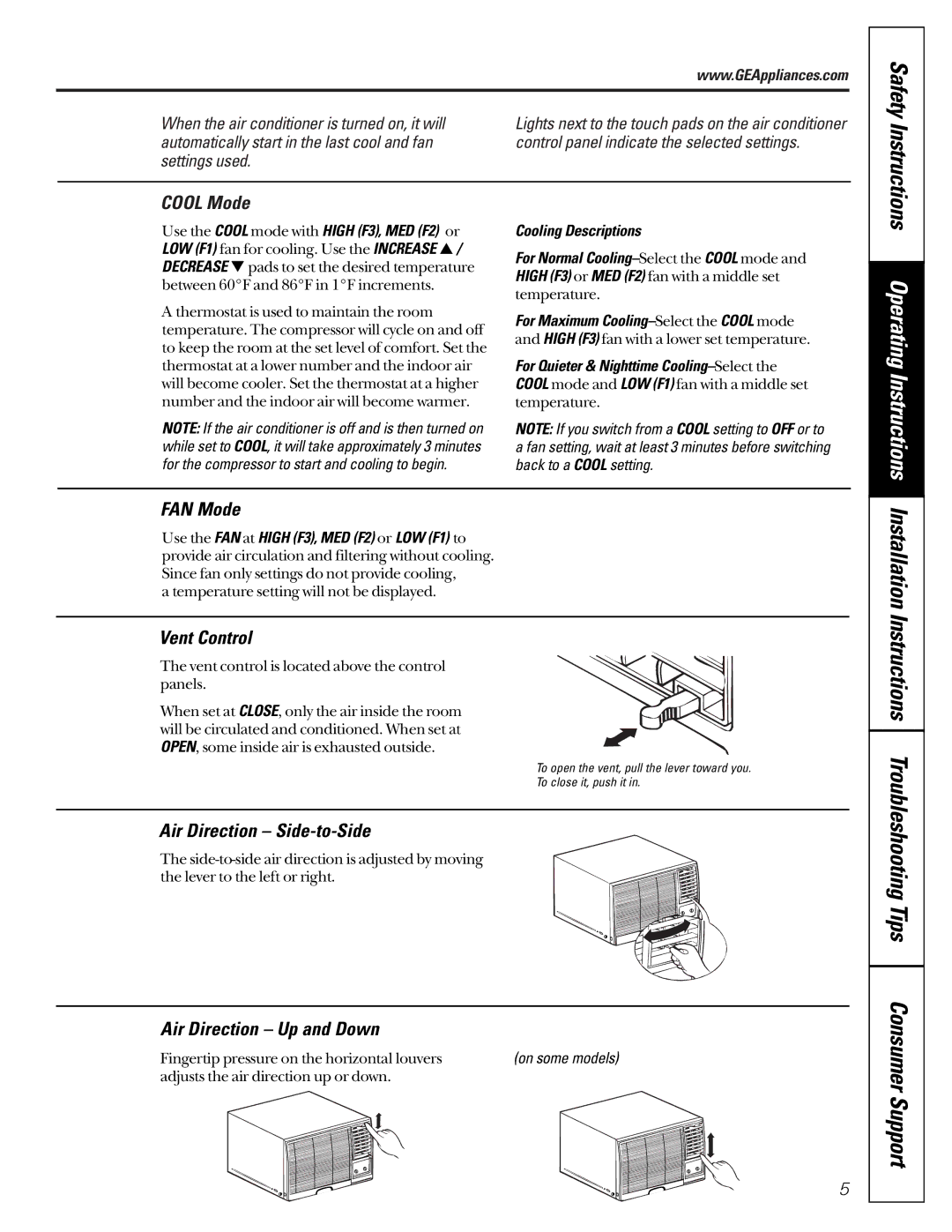 GE AG_07 operating instructions Cool Mode, FAN Mode, Vent Control, Air Direction Side-to-Side, Air Direction Up and Down 