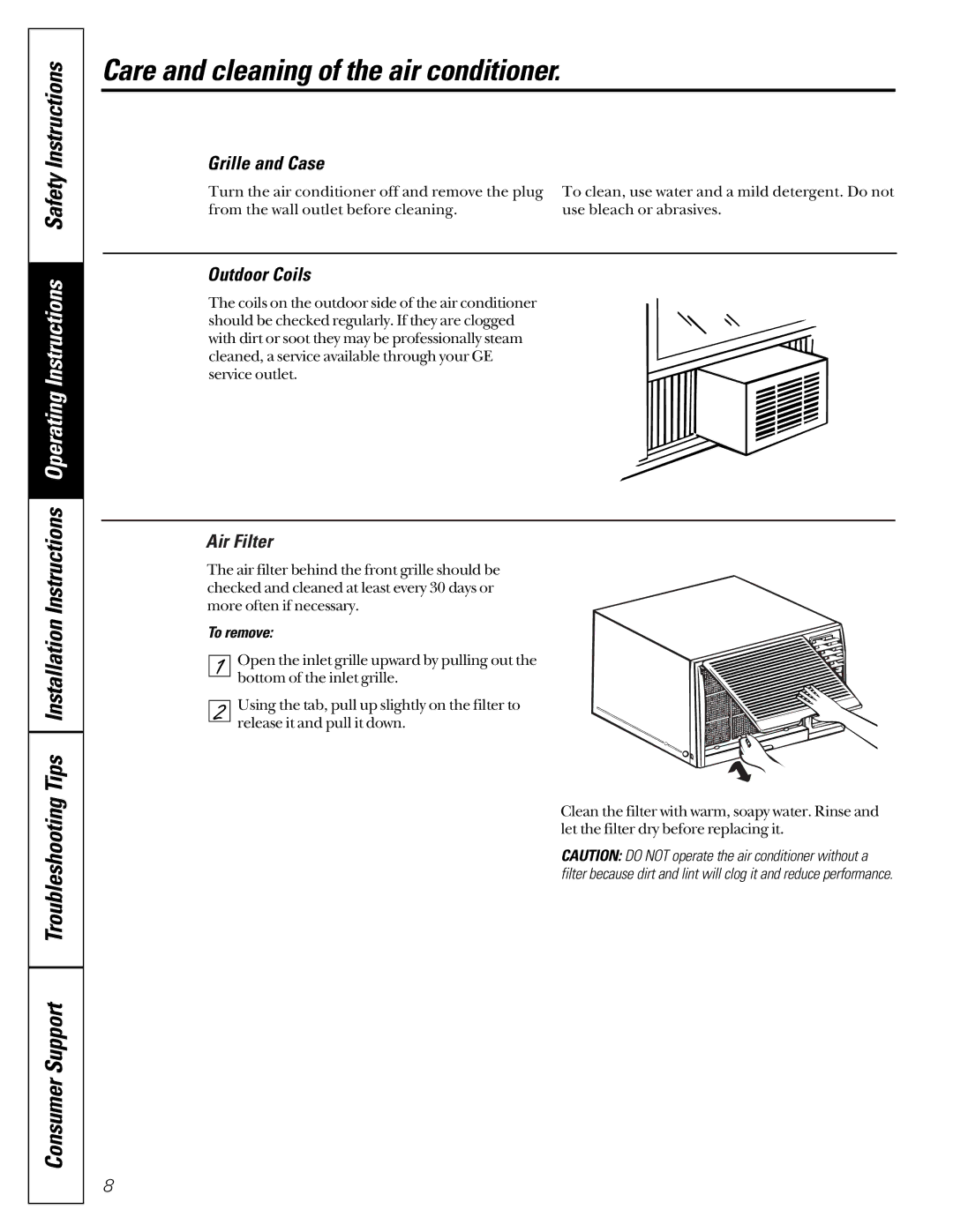 GE AG_07 Care and cleaning of the air conditioner, Grille and Case, Outdoor Coils, Air Filter, To remove 