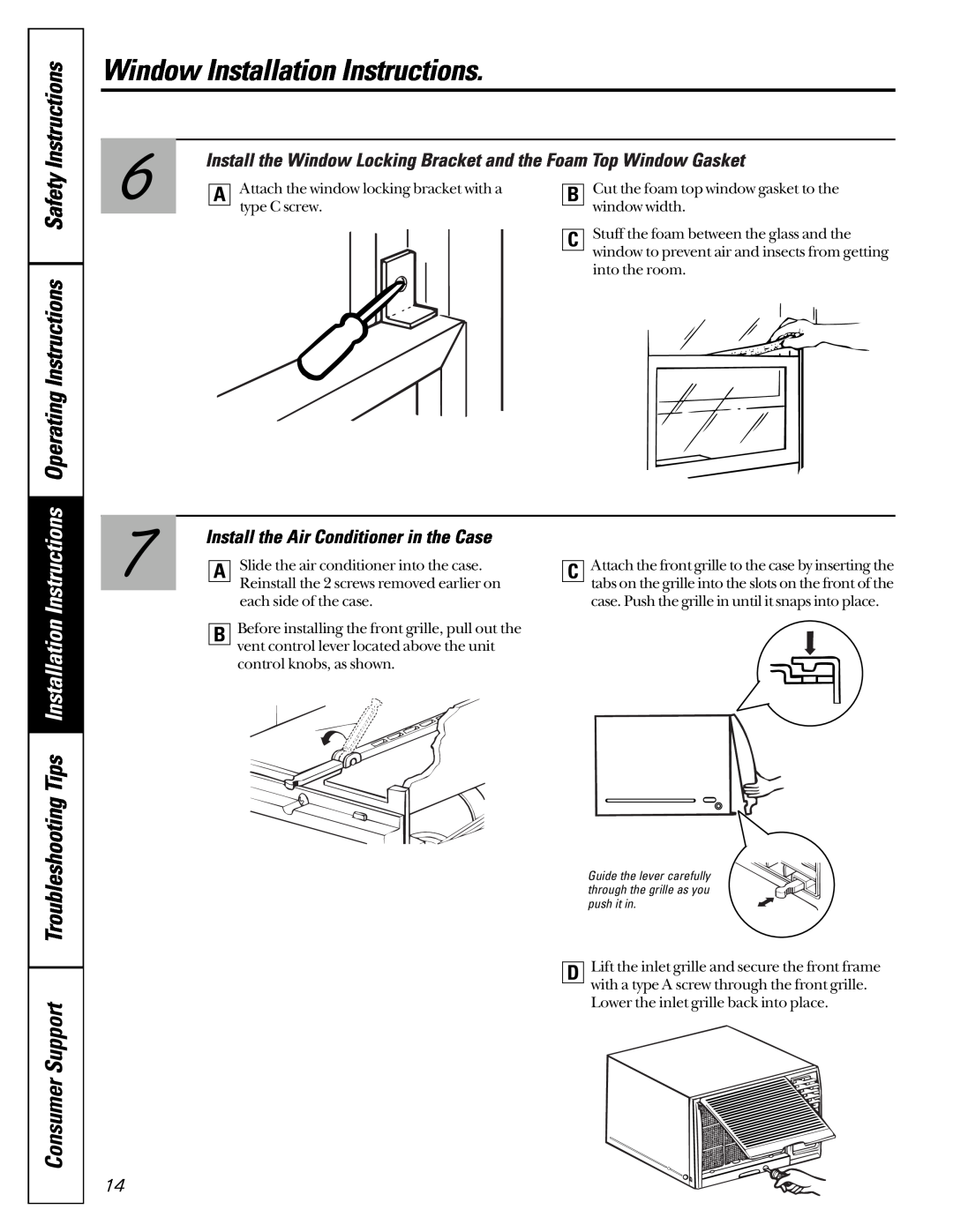 GE AG_07 Operating Instructions Safety Instructions, Consumer Support Troubleshooting, Window Installation Instructions 