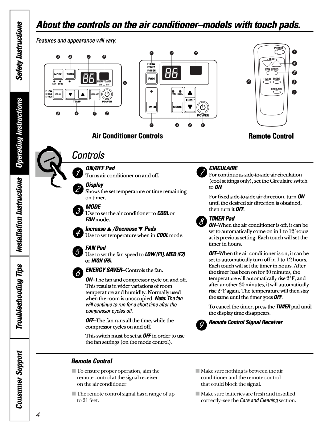 GE AG_07 Controls, Operating Instructions Safety Instructions, Troubleshooting Tips Installation Instructions, ON/OFF Pad 